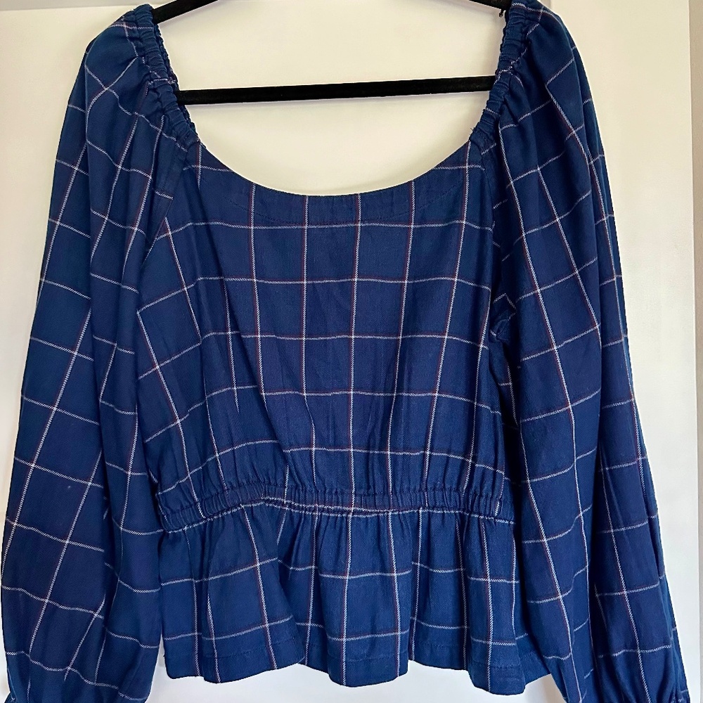 Madewell plaid flannel balloon sleeve peplum top- size L